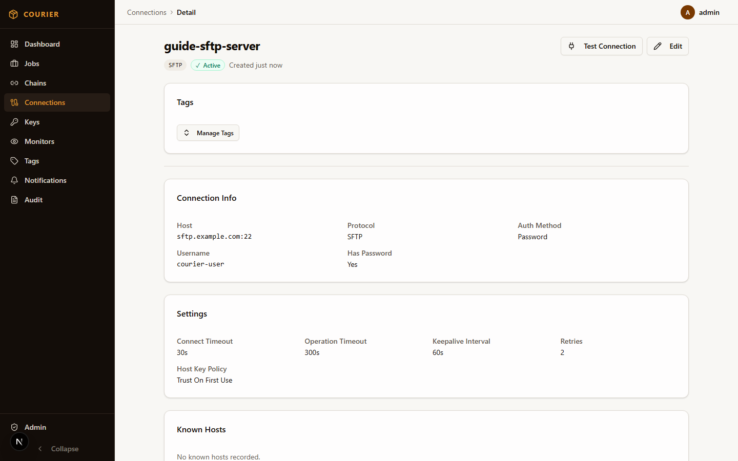 Connection detail view showing configuration and test results