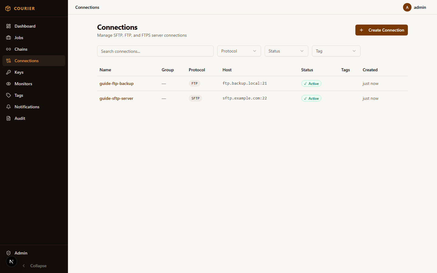 Connection management interface for SFTP, FTP, and local filesystem connections