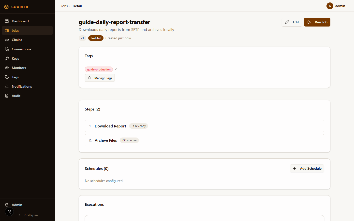 Job pipeline builder showing multi-step file transfer configuration with SFTP, PGP, and file operations