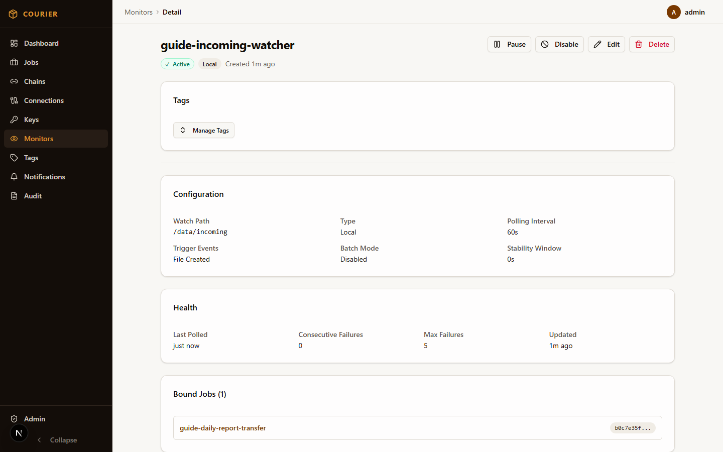 Monitor detail view showing watch configuration and triggered events