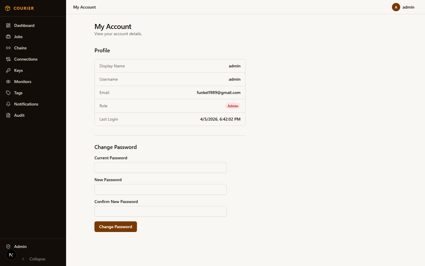 User account page with profile settings and password change